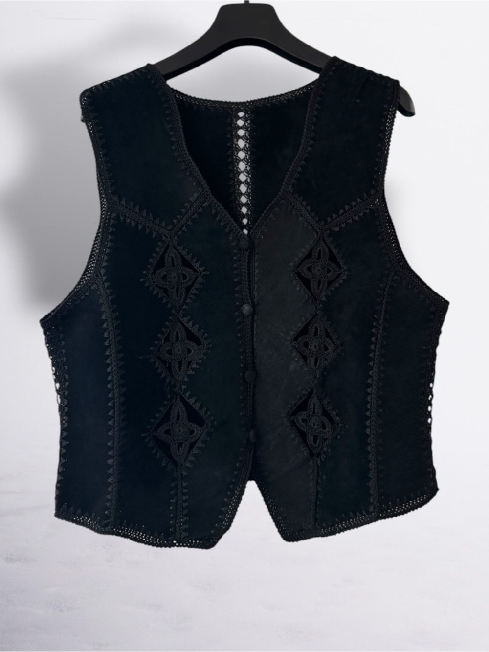 Vintage Black Genuine Leather Suede & Crochet Patchwork Women's Vest - Picture 2 of 7